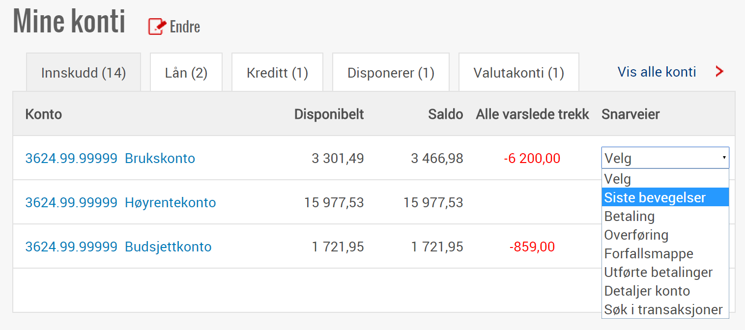 2. Startsiden i nettbanken 1 4 3 Under «Mine konti» får du oversikt over saldo og disponibelt beløp for alle kontoer du eier. 1 De ulike kontotypene er gruppert under forskjellige faner.