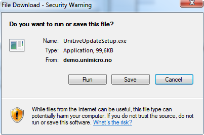 Ved å klikke på linken i eposten, starter du nedlasting av Uni Live Update, som vil sørge for å installere resten av Uni Økonomi.