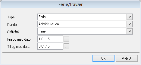 164 Hvordan planlegge ferie: Planlegg ferie eller annet fravær via knappen Planlegg ny ferie/fravær i menyen Timeregistrering > Ferie/fravær Kunden må være internkunde.