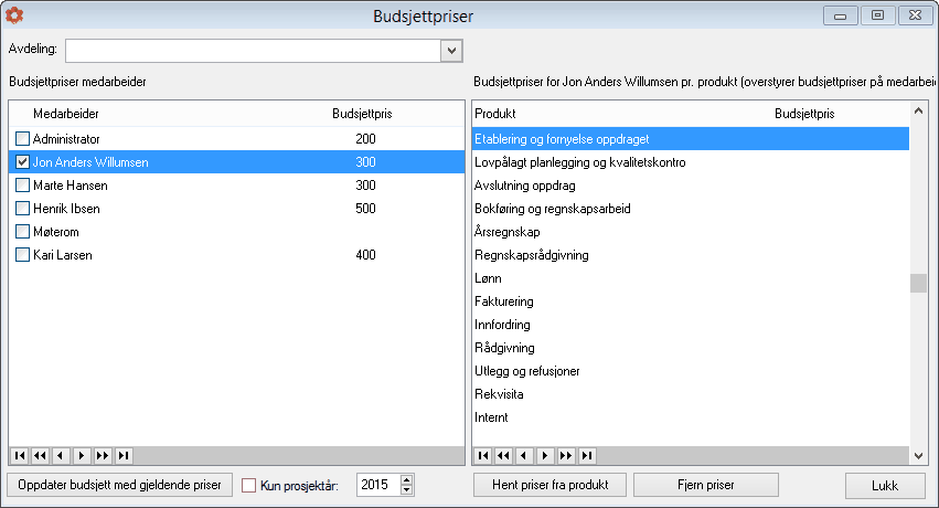 PowerOffice Budsjett 329 Ved å trykke Hent priser fra produkt, hentes priser fra Ajourhold > Produkter.