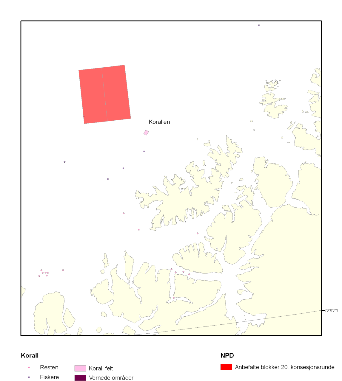 9 Sårbar bunnfauna Korallrev og svampsamfunn Korallområdet nordvest for Sørøya (Figur 9) er det nordligste Lophelia-revet som er dokumentert, og mye tyder på at revet befinner seg på den