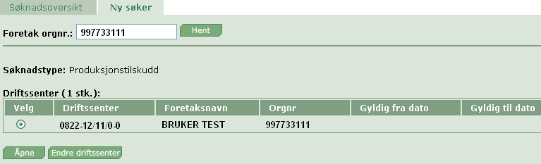 Skjermbildet "Ny søker" "Ny søker" brukes når du skal registrere søknad på vegne av et foretak. Skriv inn foretakets organisasjonsnummer og trykk på "Hent".