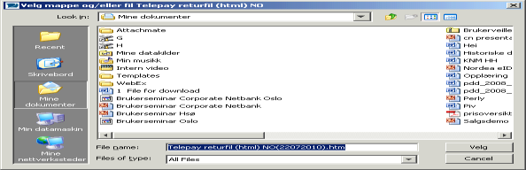 Disse returer leverer vi tilbake Kvitteringsretur fil mottatt hos Nordea Avregningsretur fil avregnet hos Nordea Avvisningsretur fil avvist hos Nordea Velg filen du ønsker å se lesbart.
