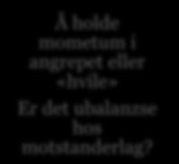 Jeg som 1. angriper ved/fra førsteberøring. Å holde mometum i angrepet eller «hvile» Er det ubalanzse hos motstanderlag? Pasning på 1 berøring i god vinkel fra forrige 1.