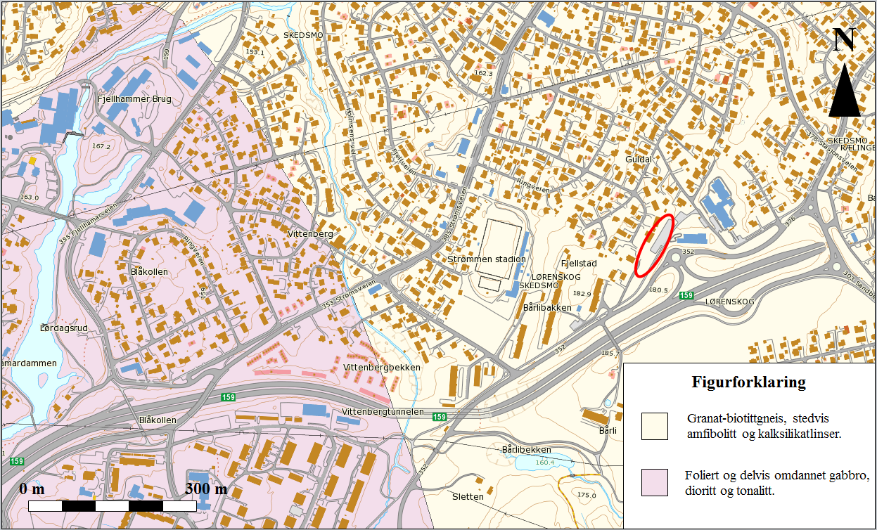 Figur 3. Berggrunnskart over Lørenskog og Skedsmo, tomtens beliggenhet er markert med rød ellipse (Kilde: www.ngu.no). 3.5 Grunnvannstand Grunnvannstand er registrert på kote +174,33, ca.