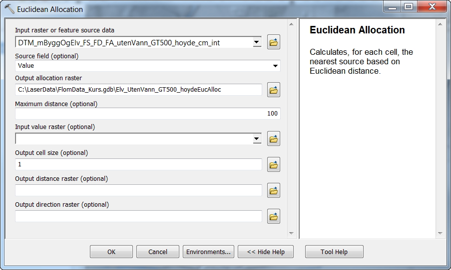 3.3. Beregne Euclidean Allocation Sprer verdien av en celle til en bestemt radius (100 m).