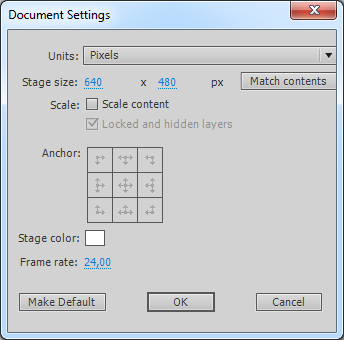 Hvis vinduet dukker opp, så velg ActionScript 3.0 under Create New: 3 Velg i menyen Modify > Document Du får nå opp en dialogboks: 4 Under Units kan du velge hva slags måleenhet du vil bruke.