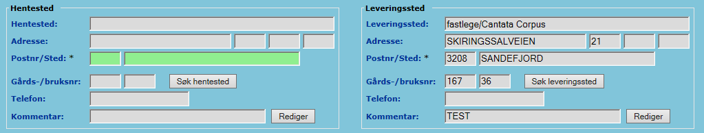 Dersom det er registrert flere adresser på pasienten og disse er gyldige for valgt oppmøtetidspunkt, vil alternative adresser bli vist i en liste over feltene for innlegging av hente- eller