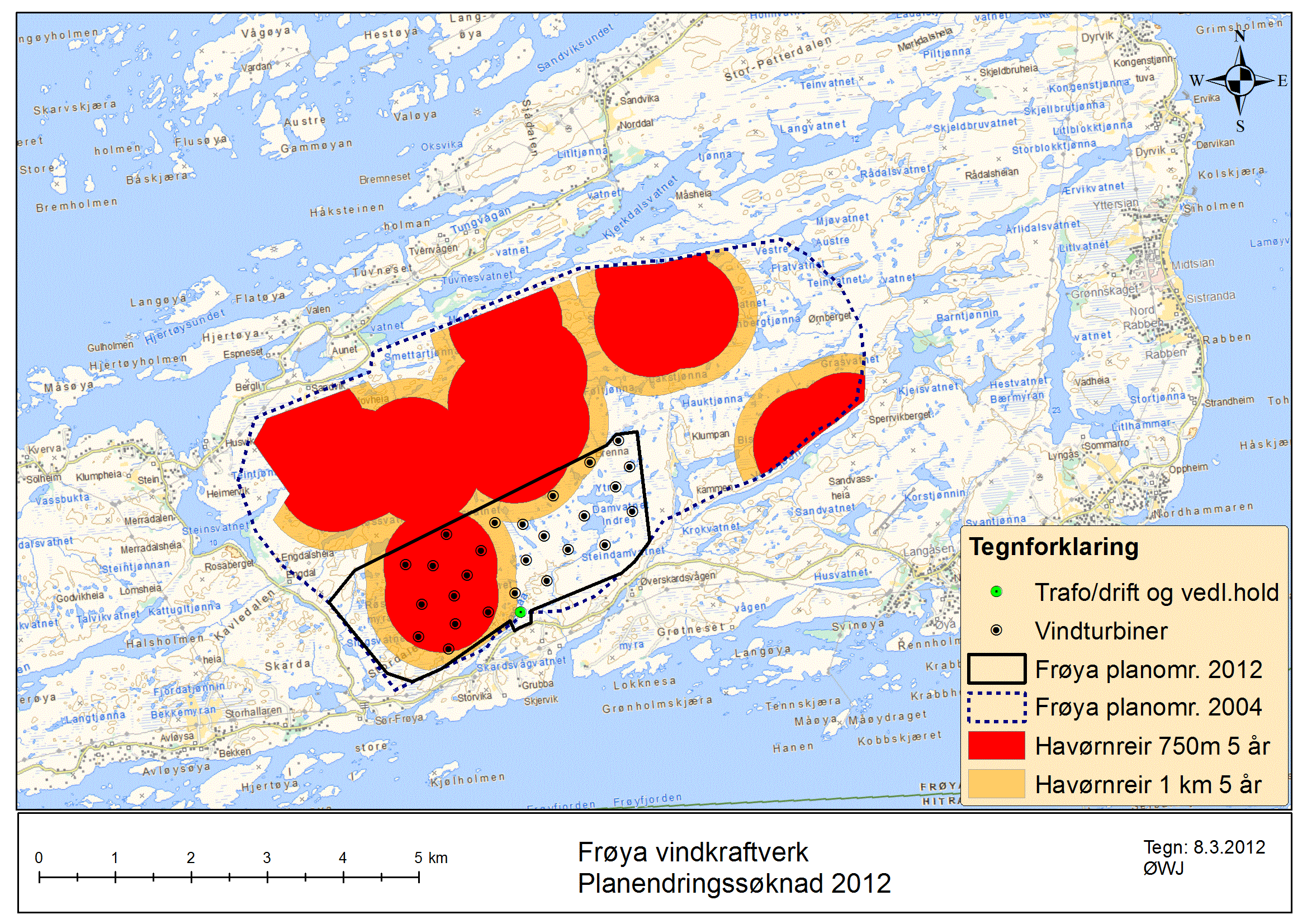 Figur 7 Spesielt verdifulle områder for fugl i planområdet for opprinnelig (stiplet) og ny avgrensning (solid) av Frøya vindkraftverk.