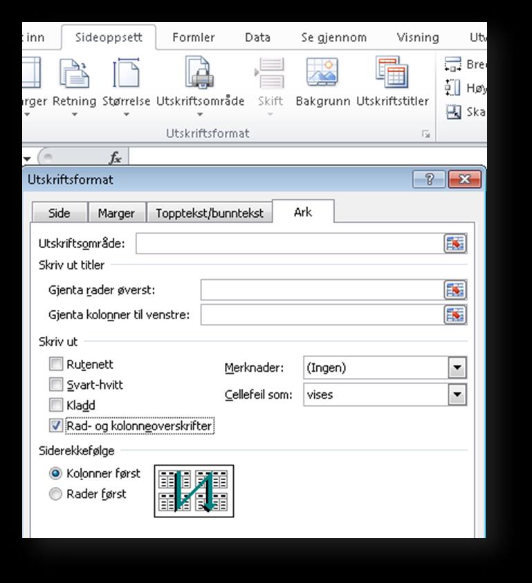 Sideskiftvisning Ved å velge sideskiftvisning får vi se hvordan regnearket blir delt opp i sider på utskriften.