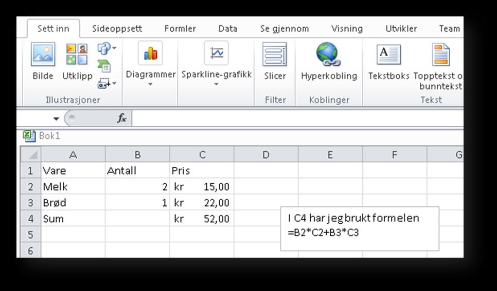 Vise og skrive ut formler Enten finner du valget for å vise formler på fanen Formler eller så bruker du hurtigtasten ctrl+j. Ved å gjenta slår du formelvisningen av.