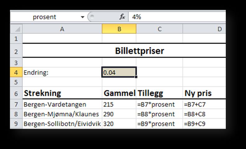 Oppgaver fra NUMMER 8: Løs oppgave 2.67 ved hjelp av regneark. Legg cellen prosentsatsen for takstøkingen ligger i kaller du endring. Bruk cellenavnet i formlene som regner ut de nye prisene.