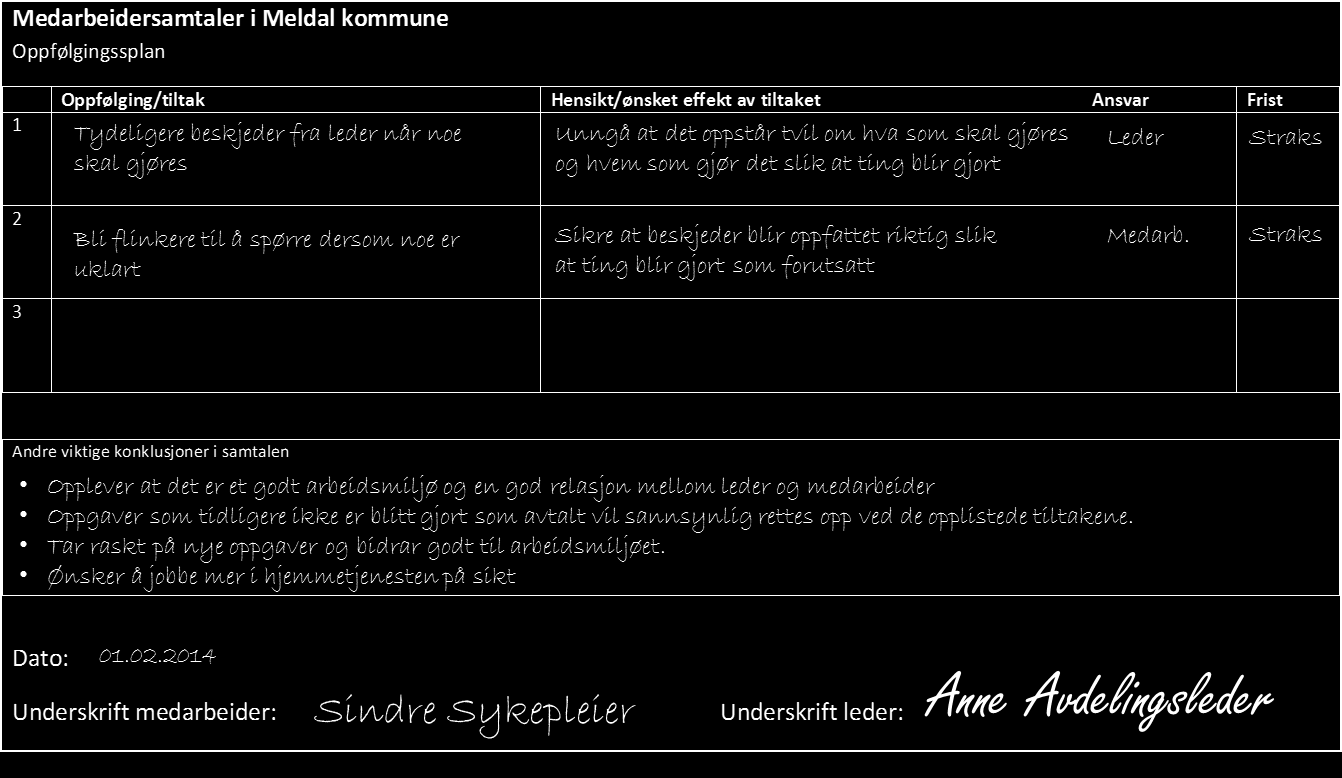 side 5 av 6 Eksempel: Oppfølging Tiltakene i utviklings- og oppfølgingsplanen følges opp av leder og medarbeider ihht. hvem som er tillagt ansvaret for de enkelte tiltak.