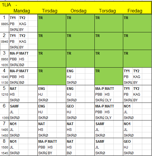 Timeplaner LIA LIA HØST- Mandag Tirsdag Onsdag Torsdag Fredag 1 TR TR TR TR TR 2 TR TR TR TR TR 0940 3 TR TR TR TR TR 0950 1035 4 SØ R1 TR NO2 TR HI E 1045 TR HS MW TU 1130 PK BØ PK PK 5 SØ R1