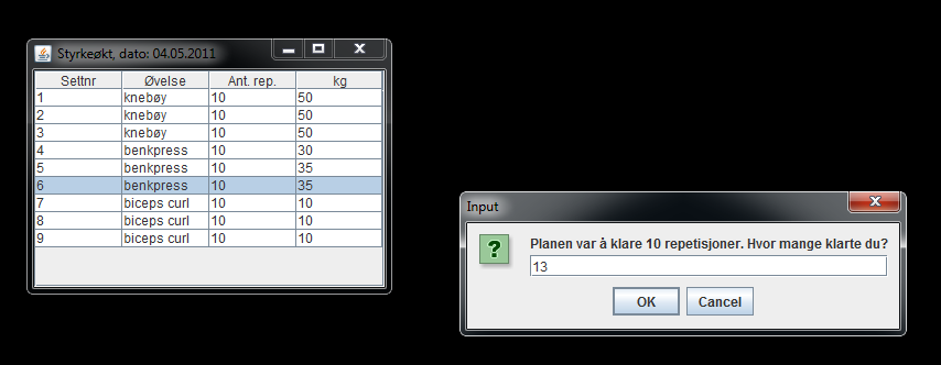 Oppgave 4 vekt 25% Styrkeøkt på en bestemt dato (antar kun én styrkeøkt pr. dag). Tittellinjen er som følger: Styrkeøkt, dato: 04.05.