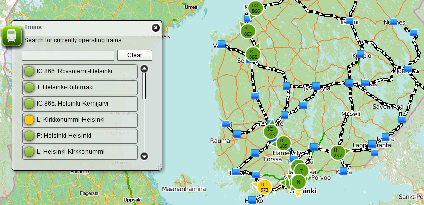 Live Train Map Online togtracking i Finland Åpent tilgjengelig på web Søkemulighet på tog og stasjon Zoomer automatisk inn på området hvor