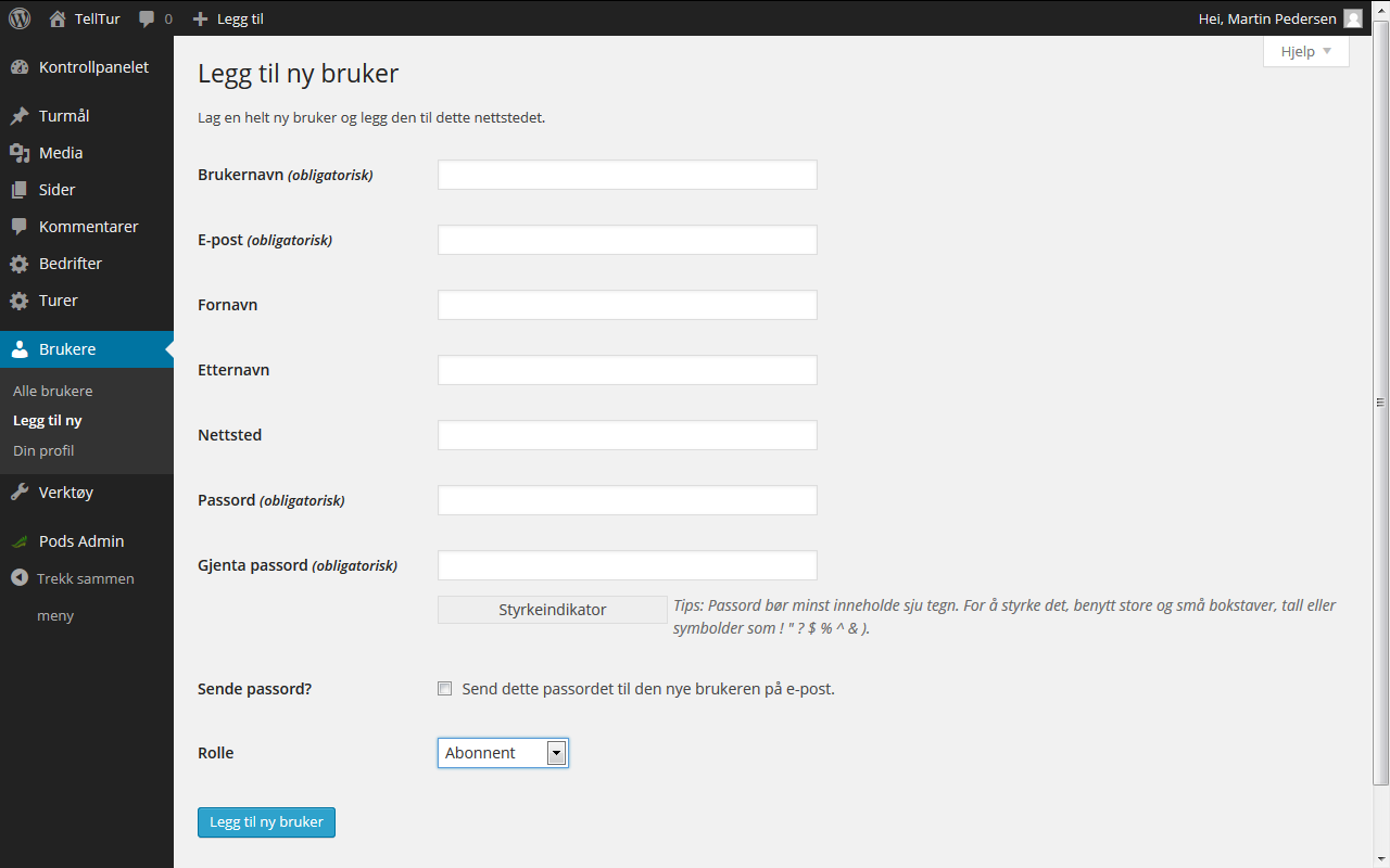 Ved punktet Rolle kan det velges blant Abonnent, Bidragsyter, Forfatter, Redaktør og Administrator. Administrator er de som har laget nettsiden.