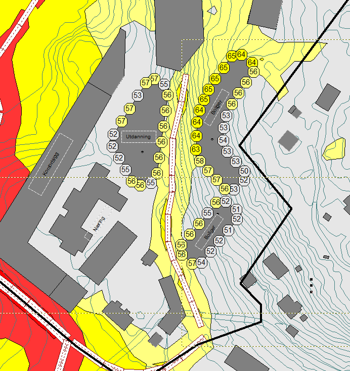 Figur 6: Støynivå i 1,5 m høyde ved boliger. L den i frittfelt etter utbygging av planområdet. Gul sone viser støynivå over grenseverdien L den = db. Rød sone viser støynivå over L den = 65 db.