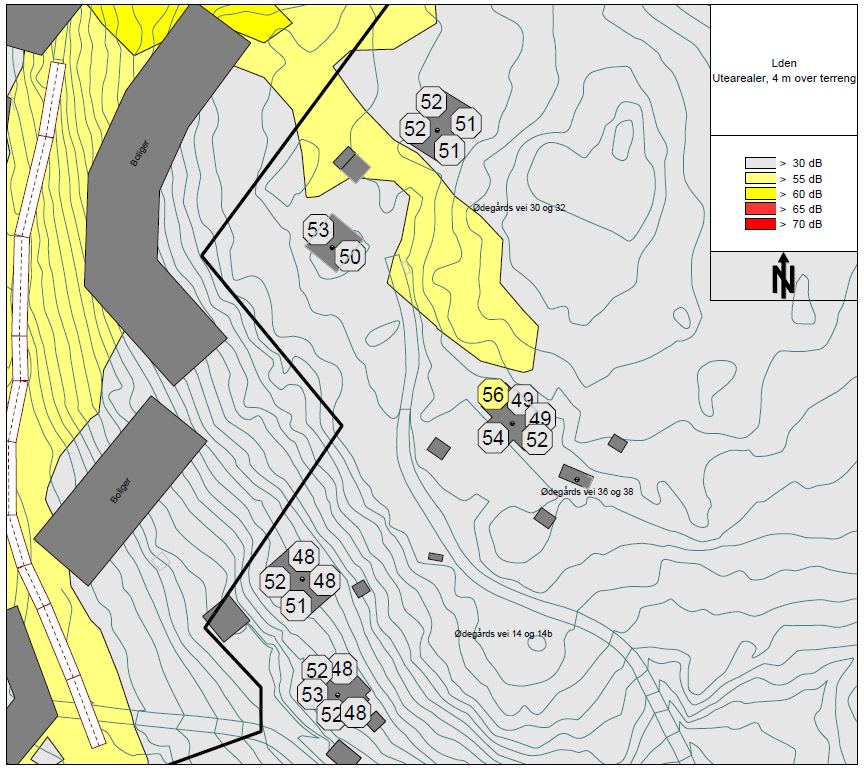 4.2.2.1 Eksisterende boliger i Ødegårds vei Eksisterende bebyggelse Ødegårdsvei 14, 14b, 30, 32, 36 og 38 vil, med unntak av en marginal overskridelse på en fasade for Ødegårdsvei 36, få støynivå