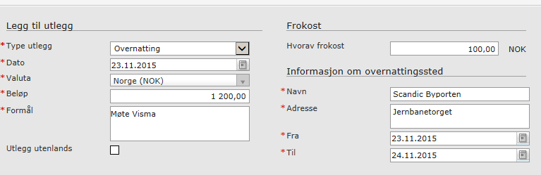 Utleggstype Overnatting (Splitting av MVA på overnatting hotell). Hotellovernatting ved tjenestereise skal alltid splittes.