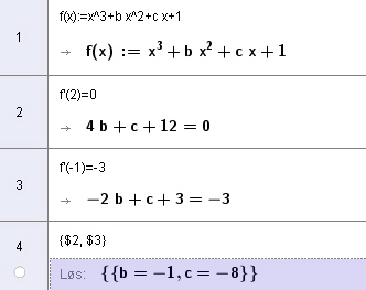 Bruk CAS til å bestemme de eksakte verdiene av b og c. Oppgave 7 Fra oppgave 4 i eksamen R1 høsten 2015: Funksjonen g x x 3 ax 2 bx c En linje l går gjennom punktene s, g s og t, g t.