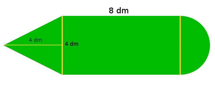 30 Omkretsen av det grønne området er lik 4 dm + 4 dm + = 4 dm + 4 dm + = 4 dm + 4 dm + 6,28 dm = 14,28 dm Eksempel 111 : Regn ut arealet til det grønne området.