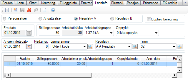 Ansatt sats Regulativ A eller B Ajourhold satser Satser kan hentes fra årslønn eller egne satsfelt og beregnes til henholdsvis: Timelønn beregnes ut ifra faktor og antall timer i arbeidstidsgruppe