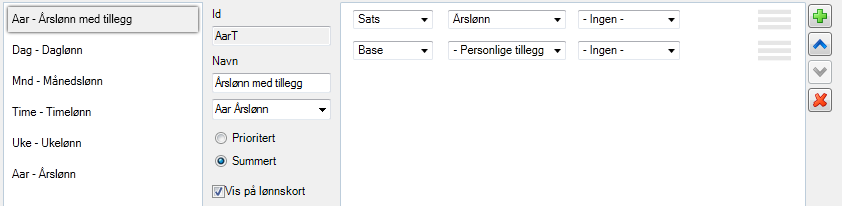 «Dager per år» i omregning hentes fra arbeidstidsgruppen eller generell for firma dersom den ikke er spesifisert per arbeidstidsgruppe. Satser - Summert En sats kan defineres som sum av andre satser.