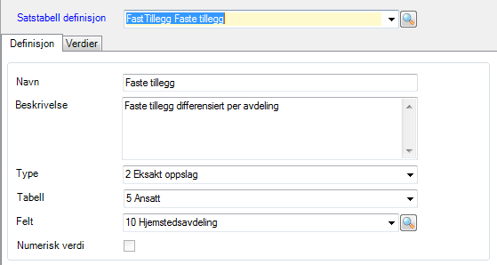 Opprett en Satsdefinisjon, verdi kan være 25 posisjoner og skriv inn en tekst i Navn. I beskrivelse legger du inn en forklarende tekst for definisjon 999 posisjoner.