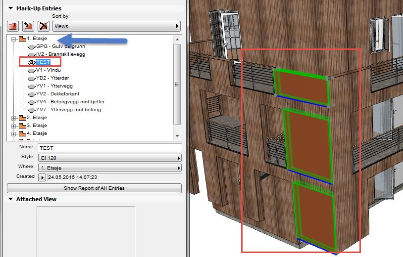 Jeg gjorde også en test ved å stå i 3D å merke flere elementer over forskjellige etasjer. Denne la seg automatisk til først etasjen.
