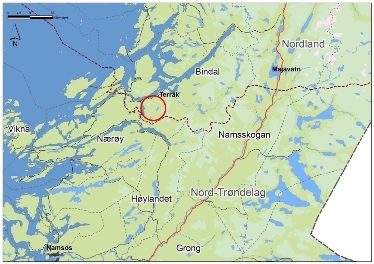 3 Lokalisering 3.1 Geografisk plassering av tiltaket Planene for prosjektet Terråk kraftverk omfatter både Terråkvassdraget og Storåa med nedslagsfeltet til Storvatnet.