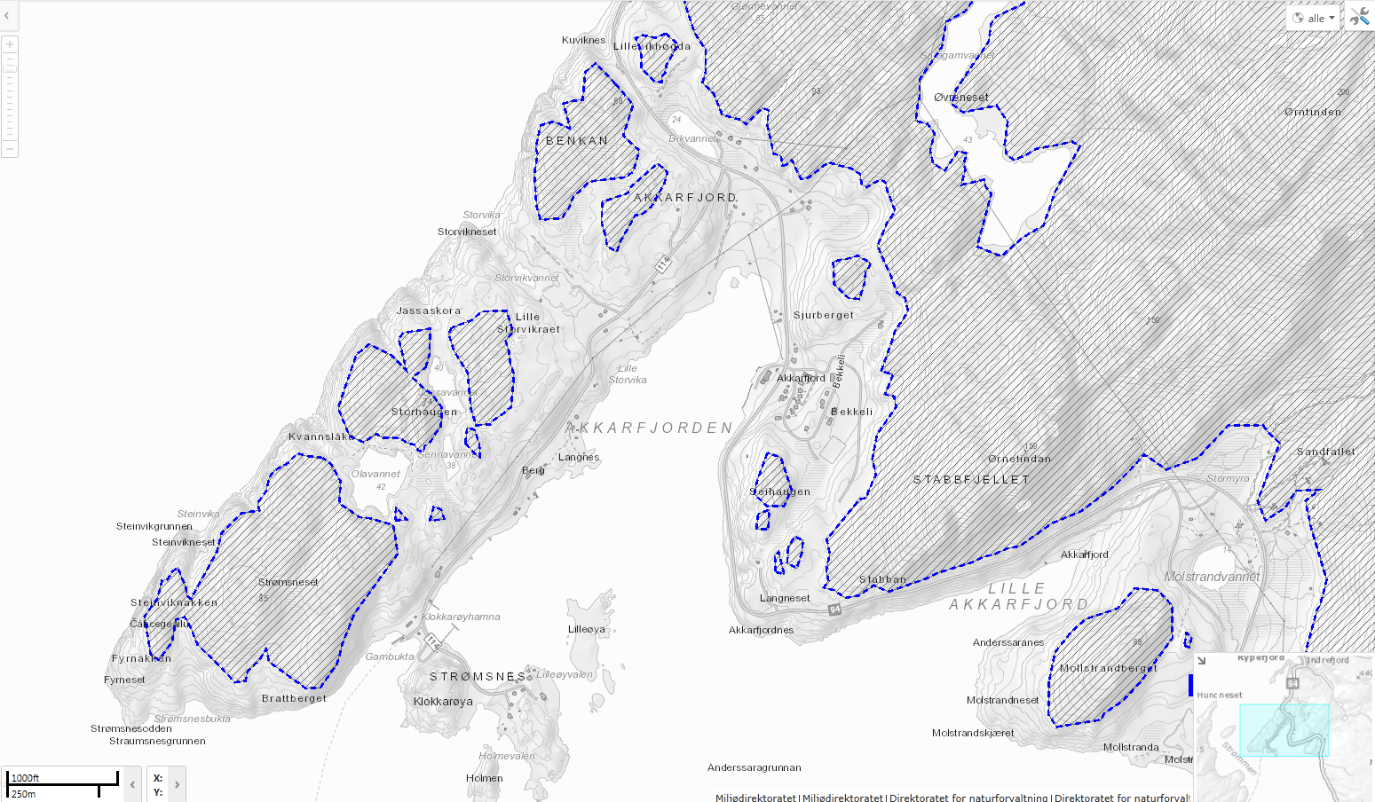 Figur 5 Kart med marin grense ved Strømsnes.