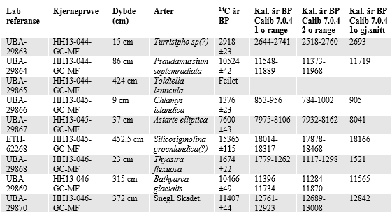 Tabell 5.3: Resultater fra radiokarbon datering og kalibrerte år. Figur 5.2 (neste side): Litologiske logger fra kjerneprøvene HH13-044, HH13-045 og HH13-046 presentert i et tverrsnitt profil.