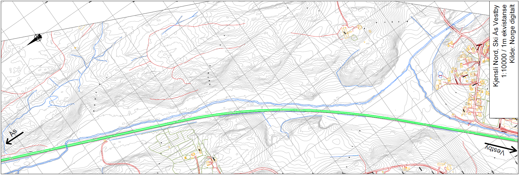 3.9 Alternativ 9 Kjensli Nord Området ligger rett nord for Vestby, ca 11,5 km fra Ski, øst for dagens trase. Arealet ligger i et søkk mellom to nord-sørgående åser.