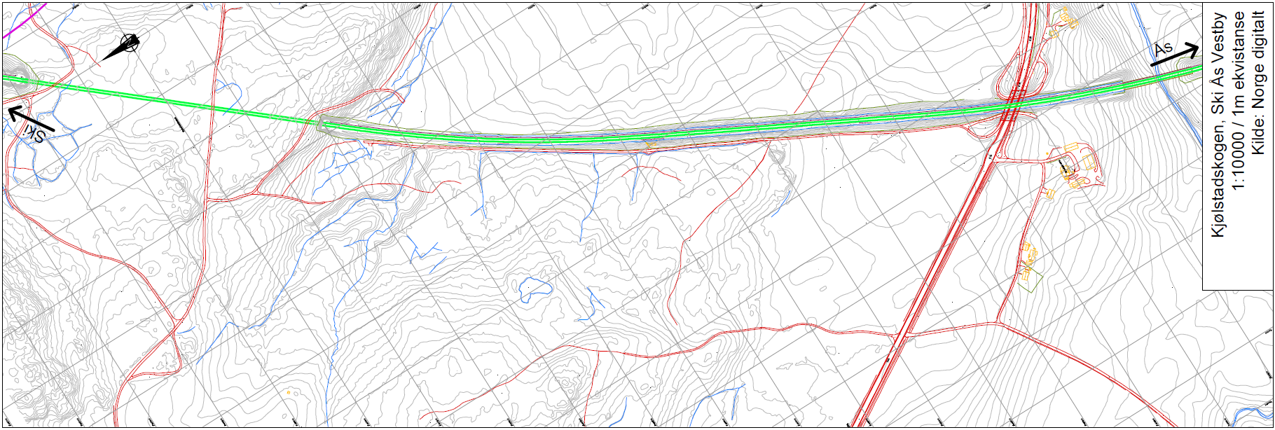 3.3 Alternativ 3 Kjølstadskogen Området ligger nordvest for sporet mellom km 26,8 og 27,8. Halvparten av området er skog, den andre halvparten er landbruksjord.