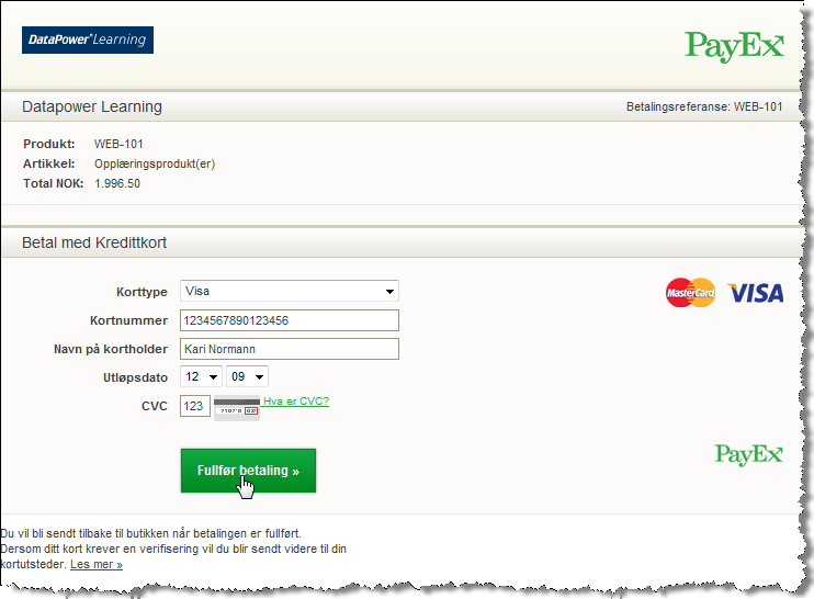 Privatkunder som kjøper e-læringskurs kan kun velge Betalingskort som betalingsmåte, se eksemplet vist i Figur N.