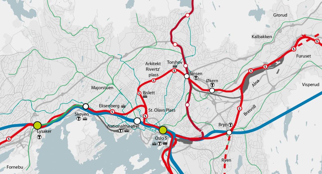 B2 S-banebyen To nye lokaltogtunneler 5 nye S-banestasjoner i byen med god overgang til trikk: 4 spor: St.