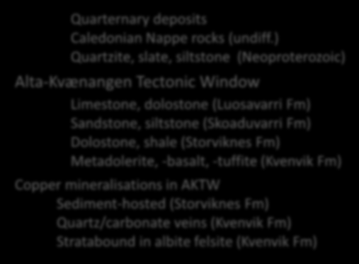 Sandstone, siltstone (Skoaduvarri Fm) Dolostone, shale (Storviknes Fm) Metadolerite, -basalt, -tuffite (Kvenvik