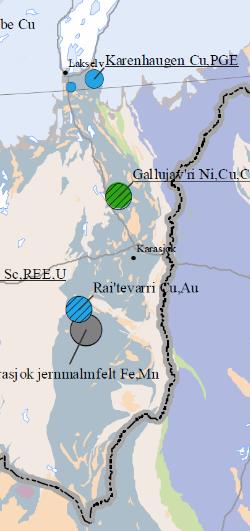 Ni-Cu-PGE Karasjok grønnsteinsbelte Ni-Cu-PGE Karenhaugen Cu-PGE Metapyroxenite, 1km x 80m 0.7 Mt @ 0.57 % Cu, 0.87 ppm Pd and 0.