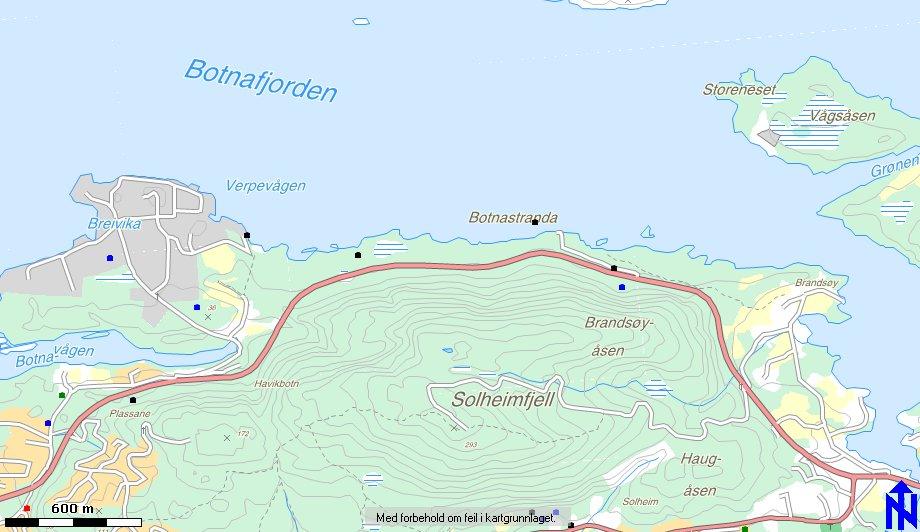 Fig.2: Aktuelt område på nordsida av Solheimfjell. Pilar viser avgrensing av området langsmed fylkesvegen. Blå pil er område A, raud pil er område B og orange pil er område C.