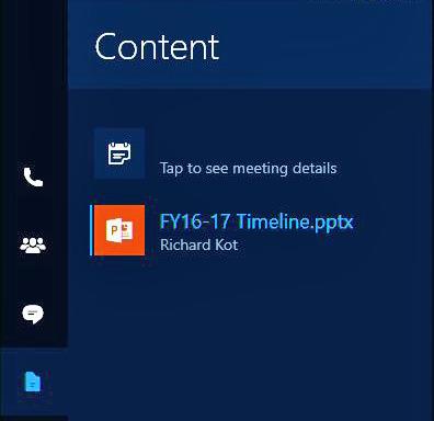 Alle delte filer vises på Innhold-fanen på Surface Hub i Skype for Business- Når du vil begynne å dele en fil med møtedeltagerne, klikker du Presenter