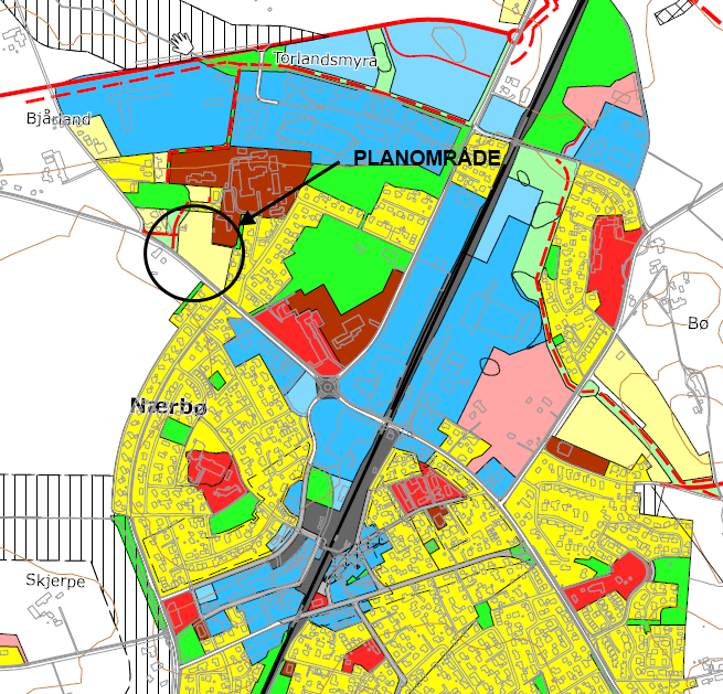 Figur 2: Utsnitt gjeldende kommuneplan 2007-2022 Planen følger gjeldende kommuneplan med unntak av adkomstvei til planområdet som er lagt inn fra Krossmyra i øst.