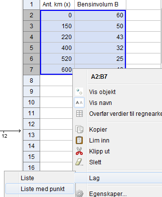 Oppgave 9 Bruk av regnearket Tabellen under viser sammenhengen mellom antall kjørte km x og resterende liter bensin på tanken B for en bil på langtur.