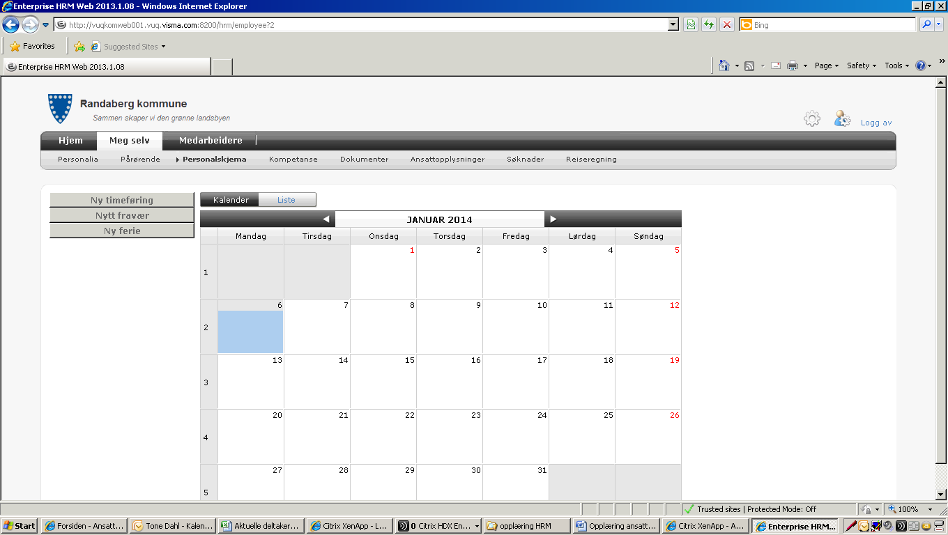 Nye rutiner fra januar 2014: Fra og med 1.1.2014 vil vi at de fleste ansatte bruker Visma Enterprise web når de skal levere /søke om uttak av feriedager og enkelte fravær.