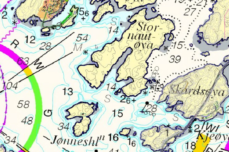 Illustrasjoner for låssettingsplasser. Sjøkart viser 2 låssettingsplasser som symbol S i sjøkart. Vest og sør for Stornautøya.
