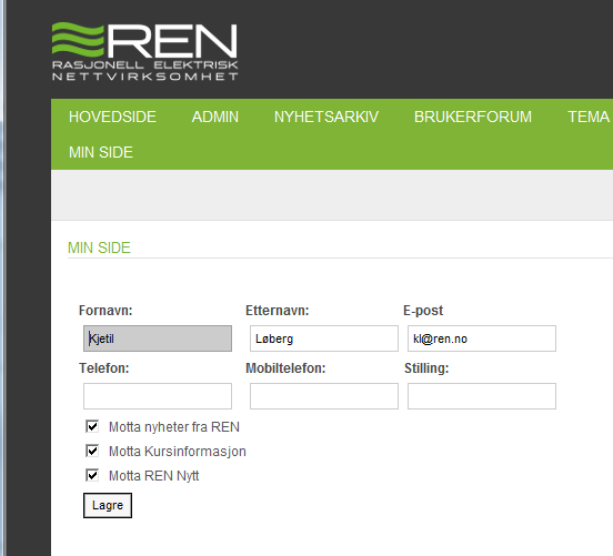 Nytt på REN ekstranett MIN SIDE Min side er ny på REN ekstranett. Her har du mulighet for å endre egen brukerprofil: Rette opp navnet ditt om det skulle være skrevet feil.