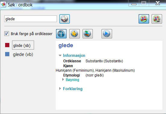 Ordboka Ordbokas dialogboks inneholder: søkefelt søkeresultat knapper til informasjon, forklaring og bøying og opplesning tekstvindu som viser informasjon, forklaring og bøyning.