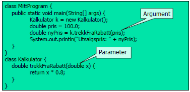 Parametere og argumenter Merk: argumenter til metodekallet kalles også for aktuelle parametre mens parametre i deklarasjonen da kalles formelle parametre.