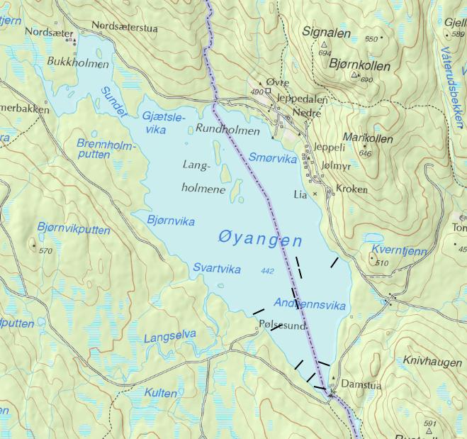 FG 0-6 FG 6-12 N Figur 1. Kart over Øyangen med omtrentlig plassering av garnlenkene (vist som svarte streker). Bunngarna står ut fra land. FG 0-6: Flytegarn på 0-6 meters dyp.