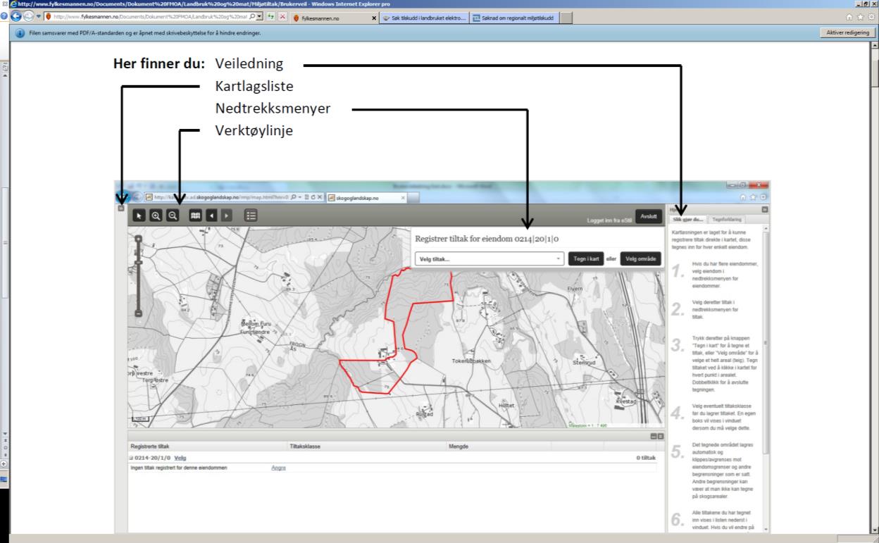 4 Kartet du får opp ser slik ut: 1. Tiltakene registreres for hver landbrukseiendom. Kartet viser landbrukseiendommen du søker på.